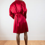 Men’s Pure Silk Short Robe with Trim In Burgundy Red