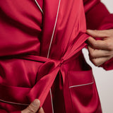 Men’s Pure Silk Short Robe with Trim In Burgundy Red