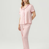 Women's Pure Silk Pajama Set - Short Sleeve Top & Long Pants In Pale Pink