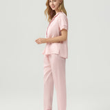 Women's Pure Silk Pajama Set - Short Sleeve Top & Long Pants In Pale Pink