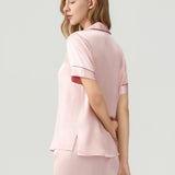 Women's Pure Silk Pajama Set - Short Sleeve Top & Long Pants In Pale Pink