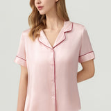 Women's Pure Silk Pajama Set - Short Sleeve Top & Long Pants In Pale Pink