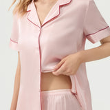 Women's Pure Silk Pajama Set - Short Sleeve Top & Long Pants In Pale Pink