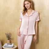 Women's Pure Silk Pajama Set - Short Sleeve Top & Long Pants In Pale Pink