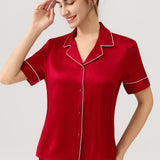 Women's Pure Silk Pajama Set - Short Sleeve Top & Long Pants In Burgundy Red