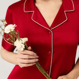 Women's Pure Silk Pajama Set - Short Sleeve Top & Long Pants In Burgundy Red