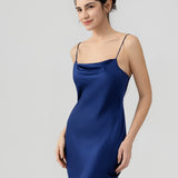 Relaxed Fit Silk Cowl Neck Nightgown In Navy Blue
