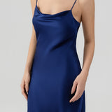 Relaxed Fit Silk Cowl Neck Nightgown In Navy Blue