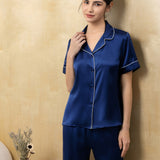 Women's Pure Silk Pajama Set - Short Sleeve Top & Pants In Navy Blue