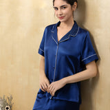Women's Pure Silk Pajama Set - Short Sleeve Top & Pants In Navy Blue
