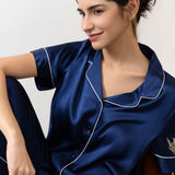 Women's Pure Silk Pajama Set - Short Sleeve Top & Pants In Navy Blue