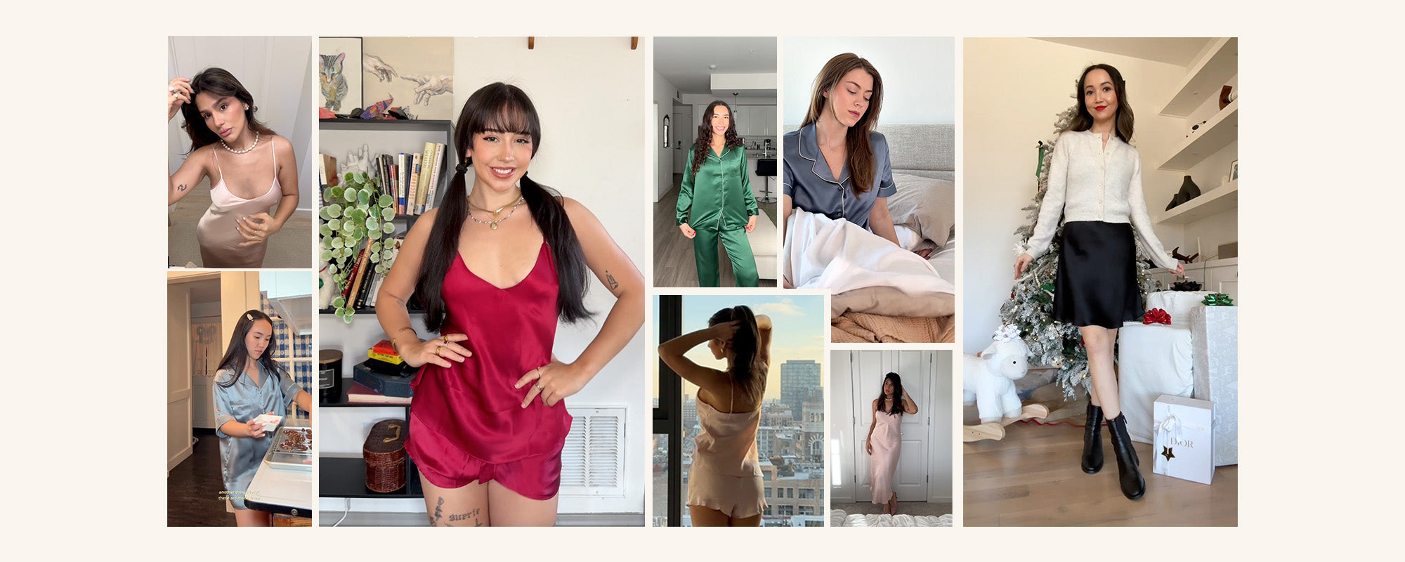 Customer photo collage wearing Jasmisilk silk pajamas showing fit, fabric, and real-life comfort.