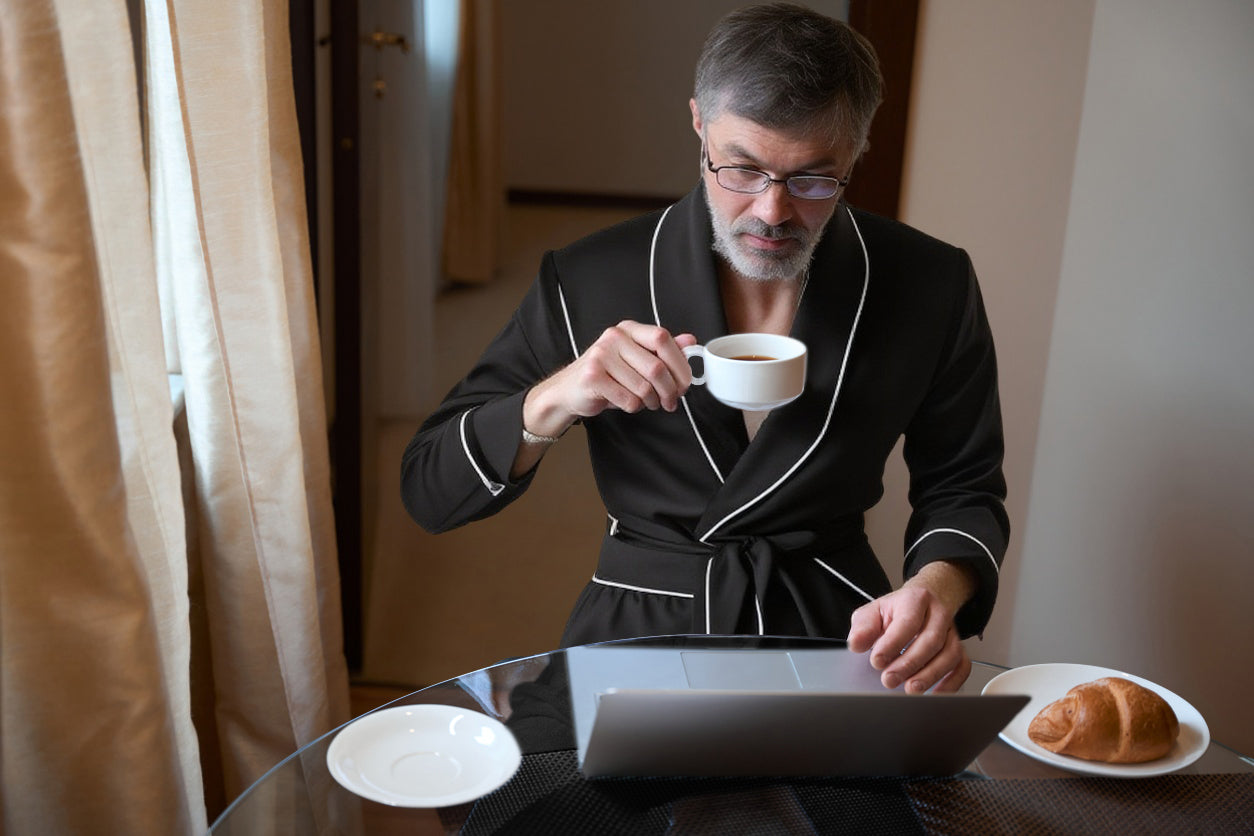 Man wearing silk robes working on a laptop while enjoying coffee, showcasing comfort and style for remote work.