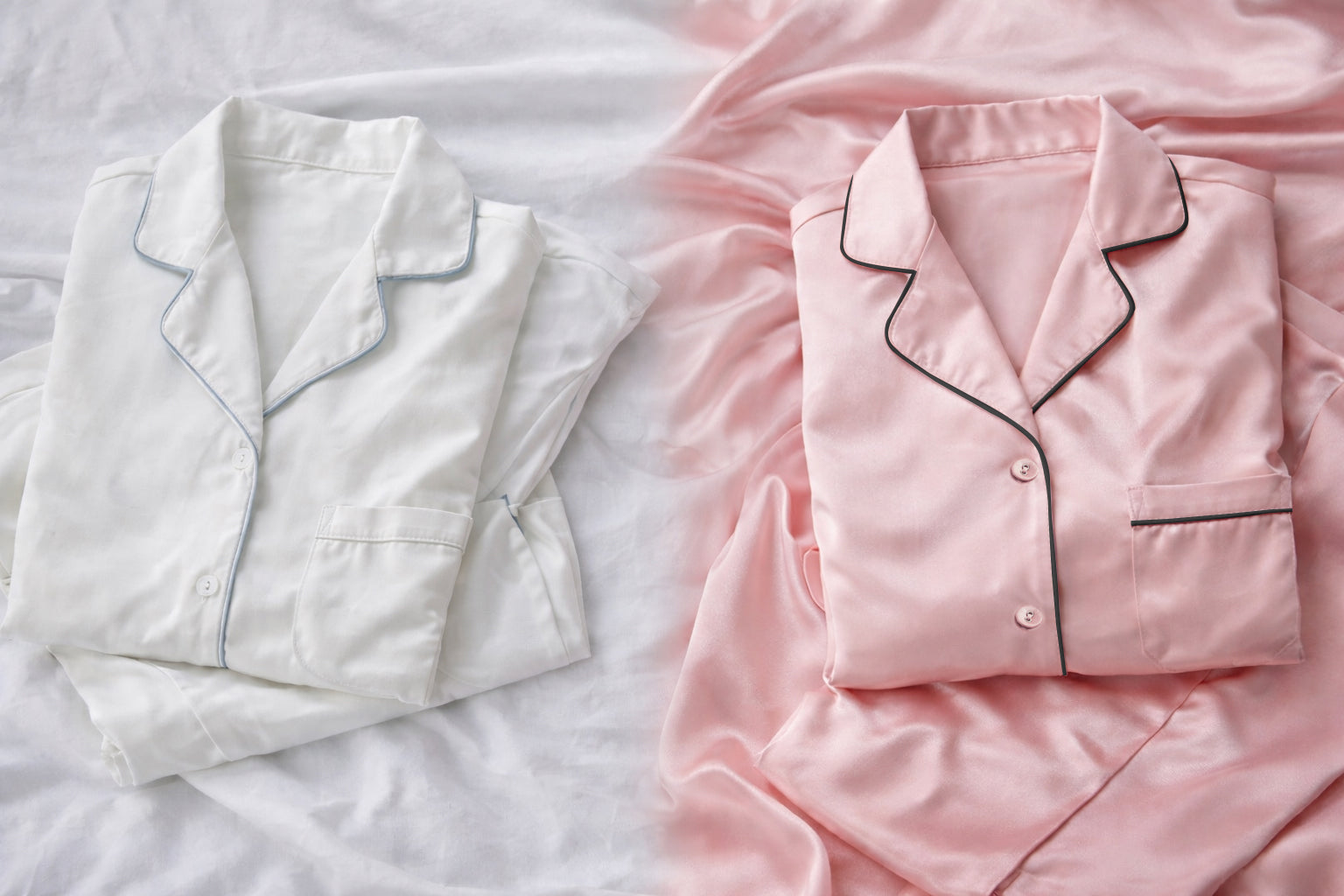 A side-by-side comparison of cotton pajamas and silk pajamas, highlighting differences in fabric texture and appearance.