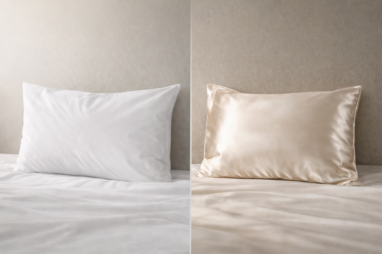 Silk and cotton pillowcases shown side by side, highlighting differences in texture and surface finish