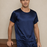 Men's Short Sleeve Mulberry Silk Pajama Set with Round Neck - Navy