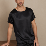 Men's Short Sleeve Mulberry Silk Pajama Set with Round Neck - Black