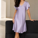 Mulberry Silk Short Lace Nightgown with Side Slit In Lilac