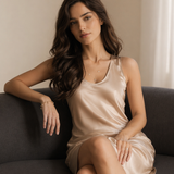 100% Mulberry Silk Sleeveless Short Nightgown – Champagne