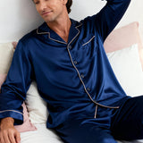Men's Silk Long-Sleeve Pajama Set & Eye Mask Gift Set — Navy Blue