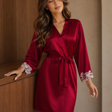 Women's 100% Mulberry Silk Robe with Lace Cuffs - Burgundy