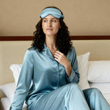 Silk Long-Sleeve Pajama Set & Eye Mask – 100% Mulberry Silk Gift Set for Women | Haze Blue