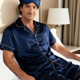 Men's Silk Short-Sleeve Pajama Set & Eye Mask Gift Set — Navy Blue