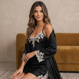 Women's Mulberry Silk Lace Nightgown & Robe Set In Black