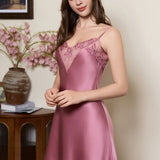 Mulberry Silk Chemise Nightgown with Lace in Pale Mauve