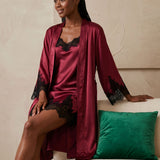 Women's Mulberry Silk Long Robe & Lace Nightgown Set In Burgundy