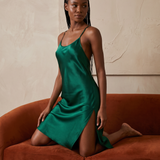 Women's Mulberry Silk Split V-Back Knee Length Slip Nightgown In Emerald Green