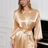 Short Silk Robe – Long Sleeve in Champagne