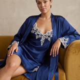 Women's Mulberry Silk Lace Nightgown & Robe Set In Navy