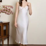 Silk V-Neck Lace Trim Slip Nightgown – White Midi Dress