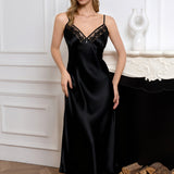 Silk V-Neck Lace Trim Slip Nightgown – Black Midi Dress