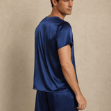 Men's Short Sleeve Mulberry Silk Pajama Set with Round Neck - Navy