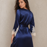100% Mulberry Silk Lace Trim Robe In Navy