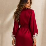 Women's 100% Mulberry Silk Robe with Lace Cuffs - Burgundy