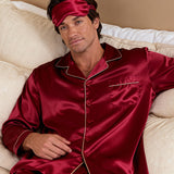 Men's Silk Long-Sleeve Pajama Set & Eye Mask Gift Set — Burgundy Red