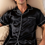 Men's Silk Short-Sleeve Pajama Set & Eye Mask Gift Set — Black