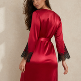 100% Mulberry Silk Lace Trim Robe In Burgundy
