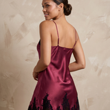 100% Mulberry Silk Lace Trim V-Neck Short Nightgown In Burgundy Red