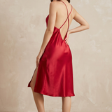 Women's Mulberry Silk Split V-Back Knee Length Slip Nightgown In Burgundy Red