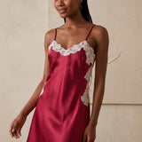 Mulberry Silk Backless Lace V-Neck Short Nightgown In Burgundy Red