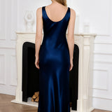 Silk Midi Nightgown with Tank Straps – Navy Blue