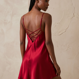 100% Mulberry Silk Criss-Cross Back Slip Nightgown In Burgundy Red