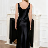 Silk Midi Nightgown with Tank Straps – Black