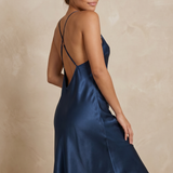 Women's Mulberry Silk Split V-Back Knee Length Slip Nightgown In Navy Blue