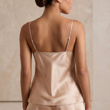 Mulberry Silk Floral Lace Camisole Set with Side Slit - Coffee