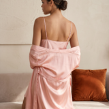 100% Mulberry Silk Lace Short Nightgown & Robe Set In Pale Pink